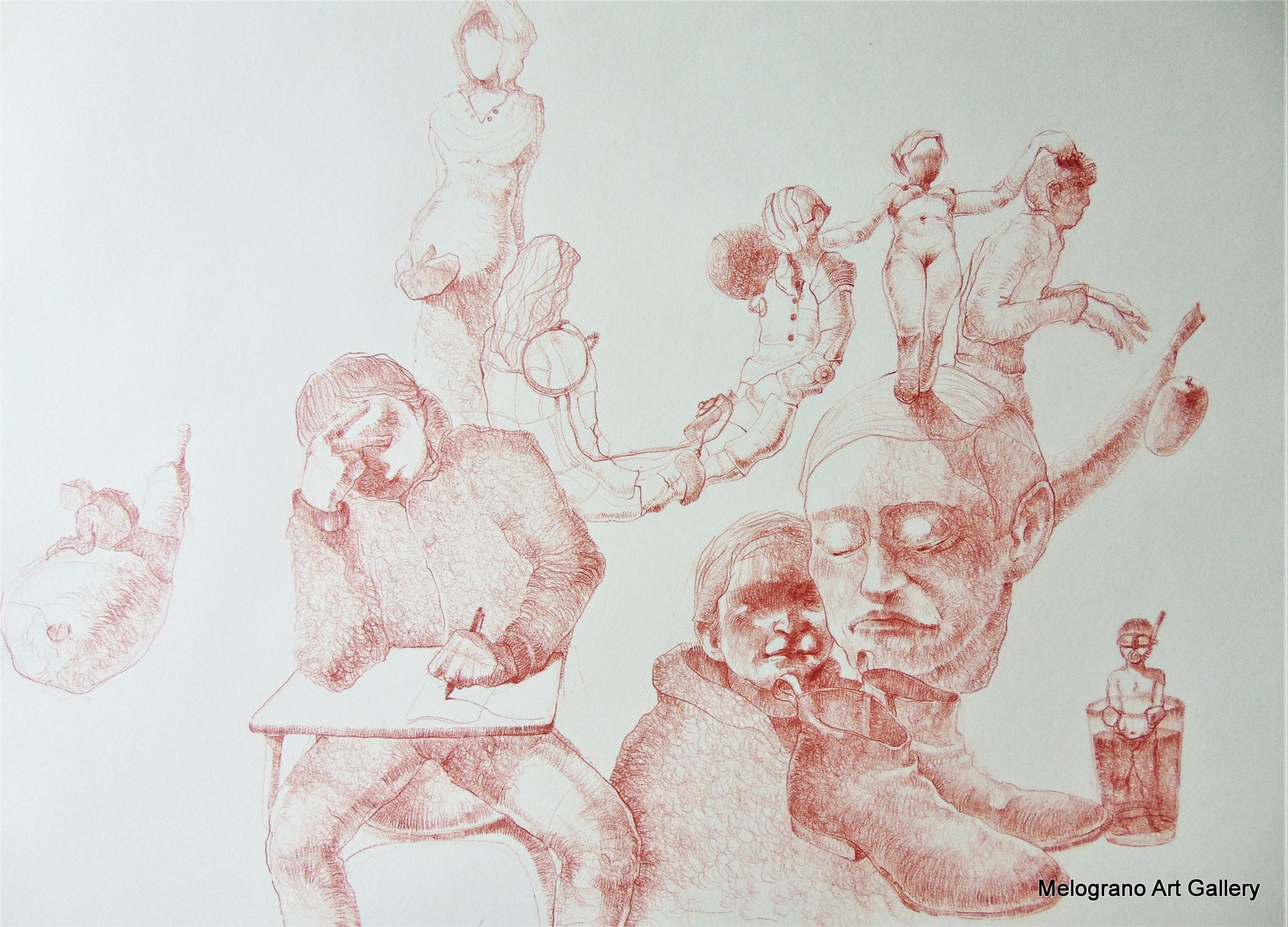 Disegno a sanguigna, un esempio della poetica di Marco Cavalieri tra fantasia, metamorfosi e visione onirica.