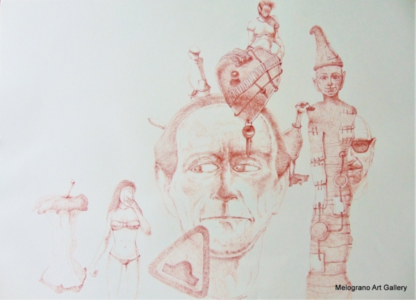 Disegno a sanguigna, un esempio della poetica di Marco Cavalieri tra fantasia, metamorfosi e visione onirica.