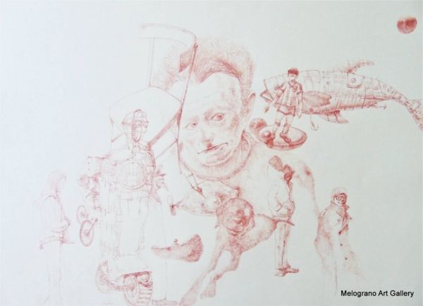 Disegno a sanguigna, un esempio della poetica di Marco Cavalieri tra fantasia, metamorfosi e visione onirica.