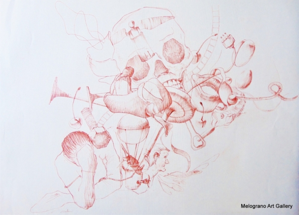 Disegno a sanguigna, un esempio della poetica di Marco Cavalieri tra fantasia, metamorfosi e visione onirica.