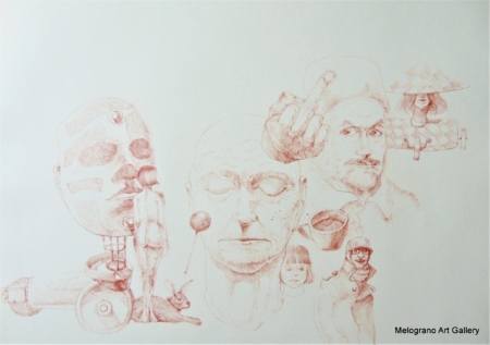 Disegno a sanguigna, un esempio della poetica di Marco Cavalieri tra fantasia, metamorfosi e visione onirica.