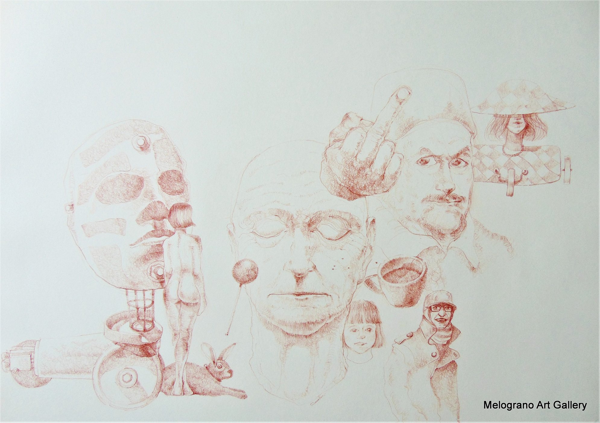 Disegno a sanguigna, un esempio della poetica di Marco Cavalieri tra fantasia, metamorfosi e visione onirica.