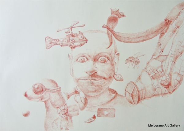 Disegno a sanguigna, un esempio della poetica di Marco Cavalieri tra fantasia, metamorfosi e visione onirica.