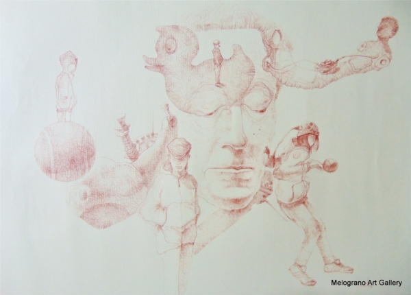 Disegno a sanguigna, un esempio della poetica di Marco Cavalieri tra fantasia, metamorfosi e visione onirica.