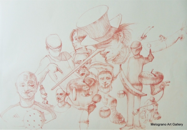 Disegno a sanguigna, un esempio della poetica di Marco Cavalieri tra fantasia, metamorfosi e visione onirica.