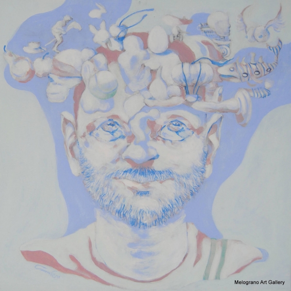 Dipinto di Marco Cavalieri, tele oniriche con volti e figure immerse in un’esplosione di simboli e immagini, colori pastello e composizione visionaria.