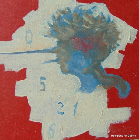 Piccola tavoletta colorata di Marco Cavalieri, figure e motivi onirici che esprimono fantasia, dinamismo e viaggio nell’irrazionale.