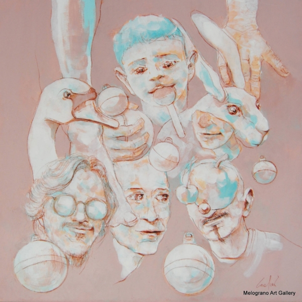 Dipinto di Marco Cavalieri, tele oniriche con volti e figure immerse in un’esplosione di simboli e immagini, colori pastello e composizione visionaria.