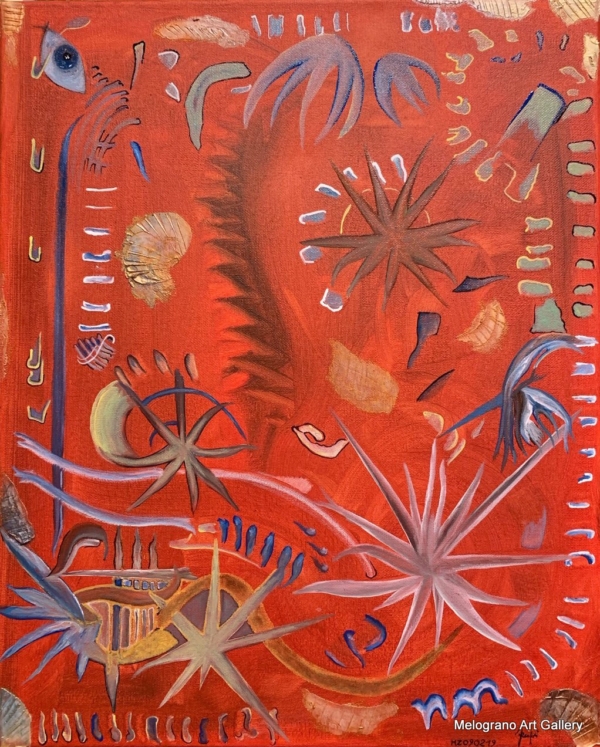 B(L)ACKBONE Crash on the Red di Massimo Zampedri, tela con simboli su sfondo rosso