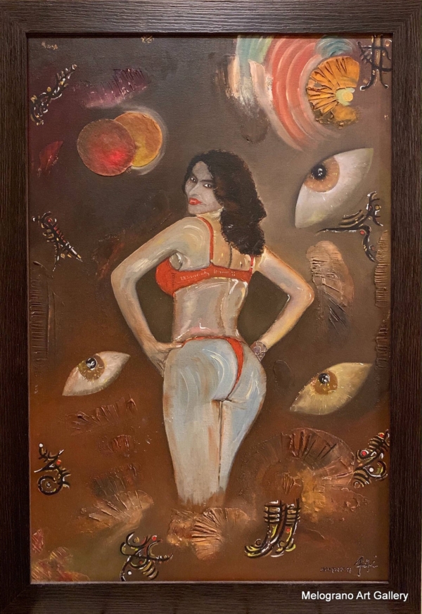 BACK IN RED (of Ni.Ni.) di Massimo Zampedri, donna di spalle con volto rivolto verso lo spettatore e simboli su carta o tela materica