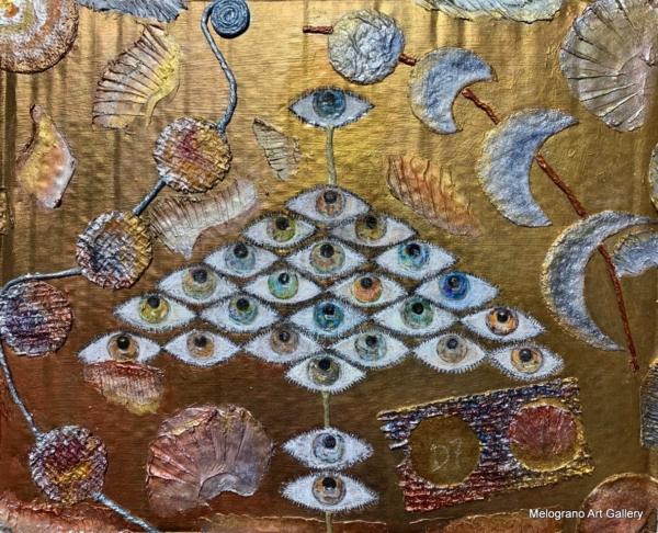 Albero di Natale di Massimo Zampedri, olio e tecnica mista su carta riciclata, occhi e simboli, doppio vetro