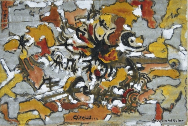 Circus di Massimo Zampedri, carta pressata e ricostituita con costruzione complessa e toni rosso-bruni