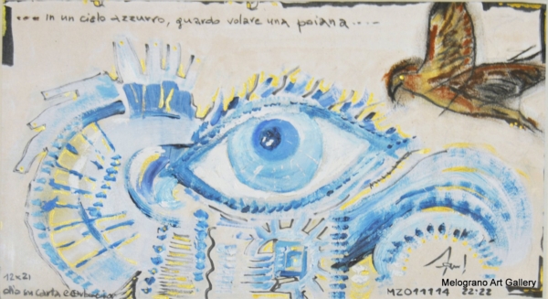 Poiana in azzurro di Massimo Zampedri, occhio e poiana su carta artigianale con dettagli materici e simboli