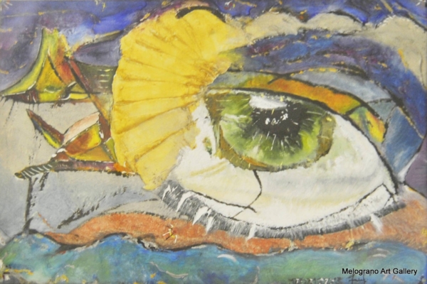 Nuotando in un sogno di Massimo Zampedri, occhio su carta artigianale con riflessi metallici dorati e ramati