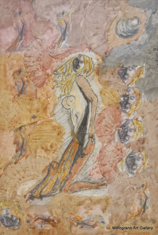 Pietà di Massimo Zampedri, fusaggine e pastelli su carta riciclata con inserti di gesso, figura femminile e simboli