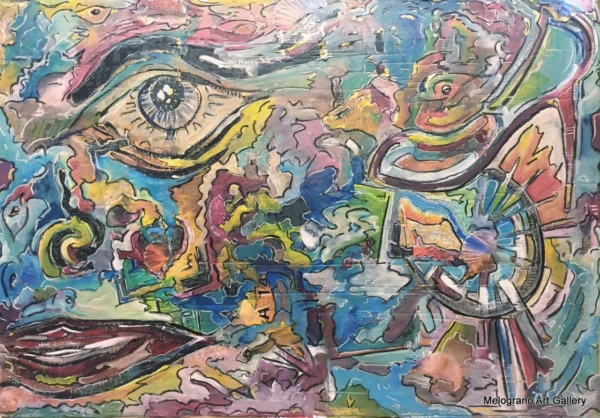 PrettyWoman (Before) di Massimo Zampedri, volto su carta lavorata con simboli e dettagli materici