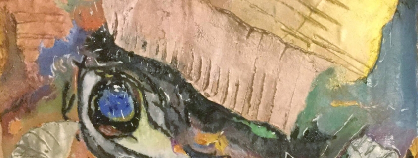 Massimo Zampedri Risveglio Risveglio di Massimo Zampedri, occhio azzurro su carta artigianale con riflessi metallici dorati e ramati