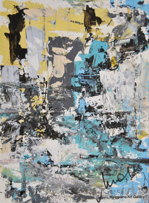 Opera astratta di Maura Mattiolo, paesaggio evocativo a colori stratificati