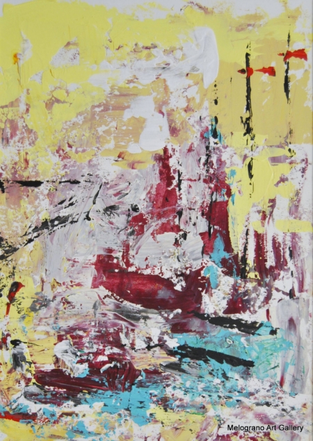 Opera astratta di Maura Mattiolo, paesaggio evocativo a colori stratificati