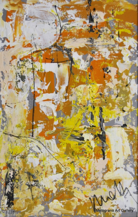 Opera astratta di Maura Mattiolo, paesaggio evocativo a colori stratificati