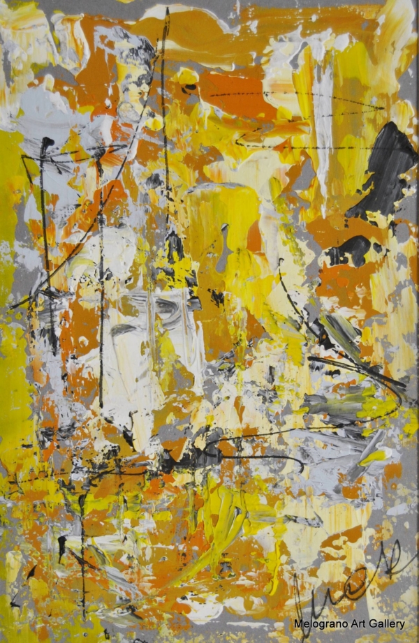 Opera astratta di Maura Mattiolo, paesaggio evocativo a colori stratificati