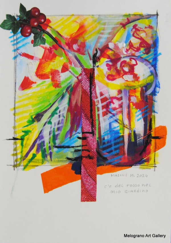 Tratto e colore. Serie su carta di Michela Masini: pennellate vivaci e poesie concise si intrecciano in piccole storie poetiche ed evocative.