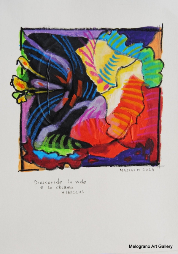 Tratto e colore. Serie su carta di Michela Masini: pennellate vivaci e poesie concise si intrecciano in piccole storie poetiche ed evocative.