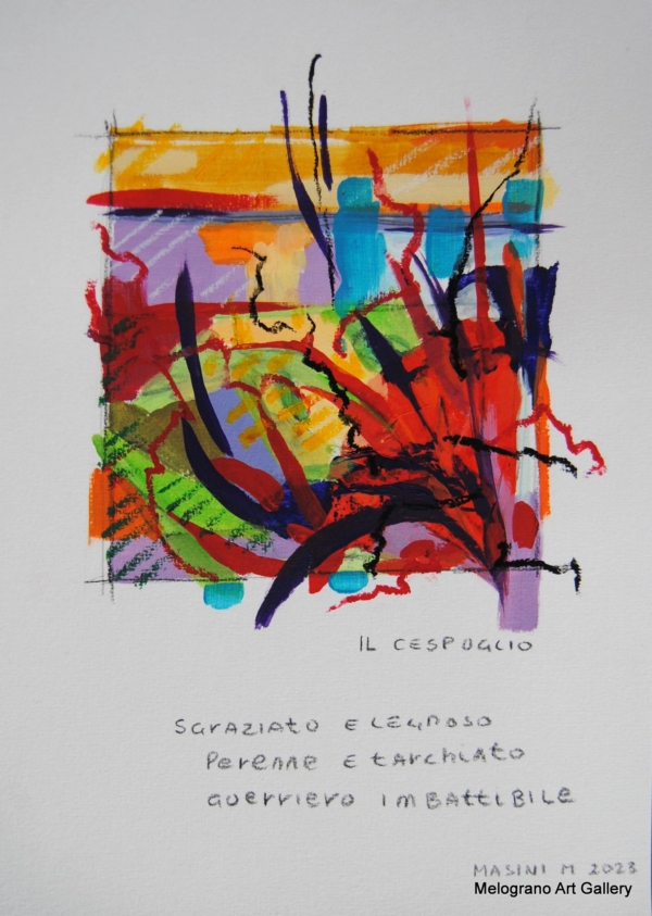 Tratto e colore. Serie su carta di Michela Masini: pennellate vivaci e poesie concise si intrecciano in piccole storie poetiche ed evocative.