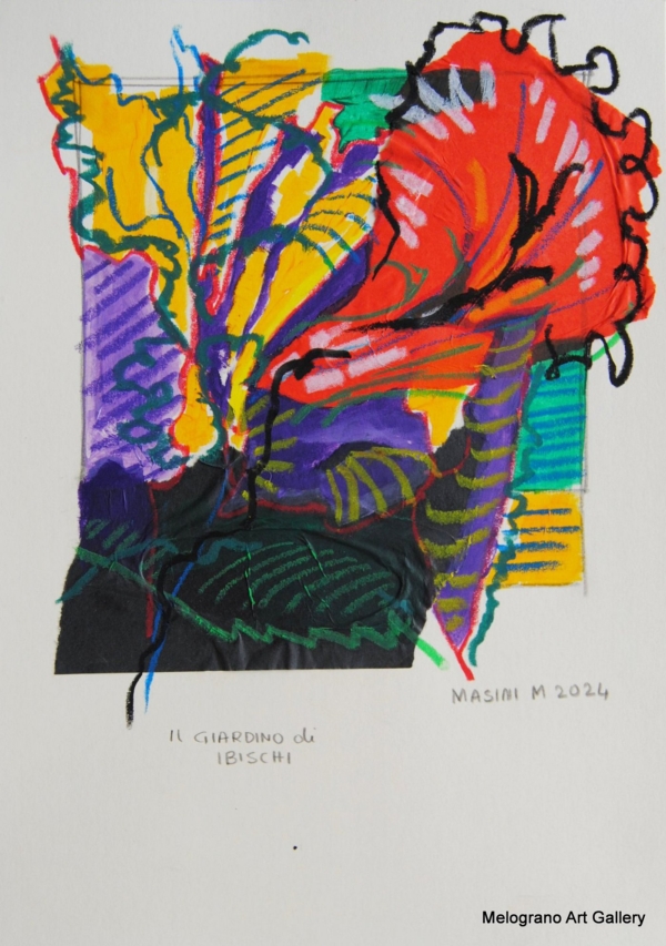 Tratto e colore. Serie su carta di Michela Masini: pennellate vivaci e poesie concise si intrecciano in piccole storie poetiche ed evocative.