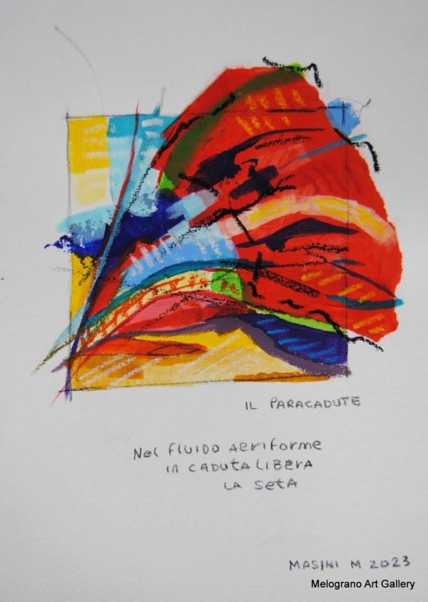 Tratto e colore. Serie su carta di Michela Masini: pennellate vivaci e poesie concise si intrecciano in piccole storie poetiche ed evocative.