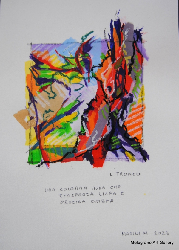 Tratto e colore. Serie su carta di Michela Masini: pennellate vivaci e poesie concise si intrecciano in piccole storie poetiche ed evocative.