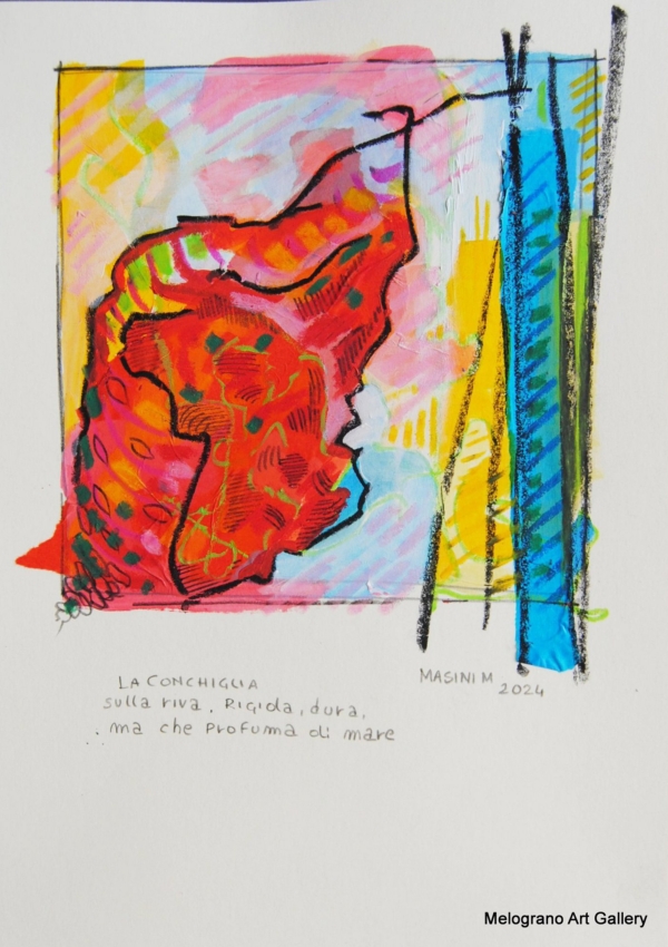 Tratto e colore. Serie su carta di Michela Masini: pennellate vivaci e poesie concise si intrecciano in piccole storie poetiche ed evocative.