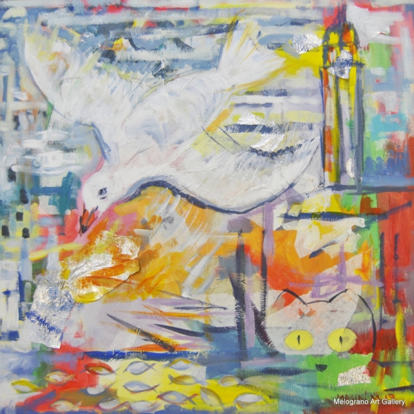 Michela Masini – La gabbianella e il gatto, opera su carta con gabbianella in volo e gatto dagli occhi grandi su sfondo colorato