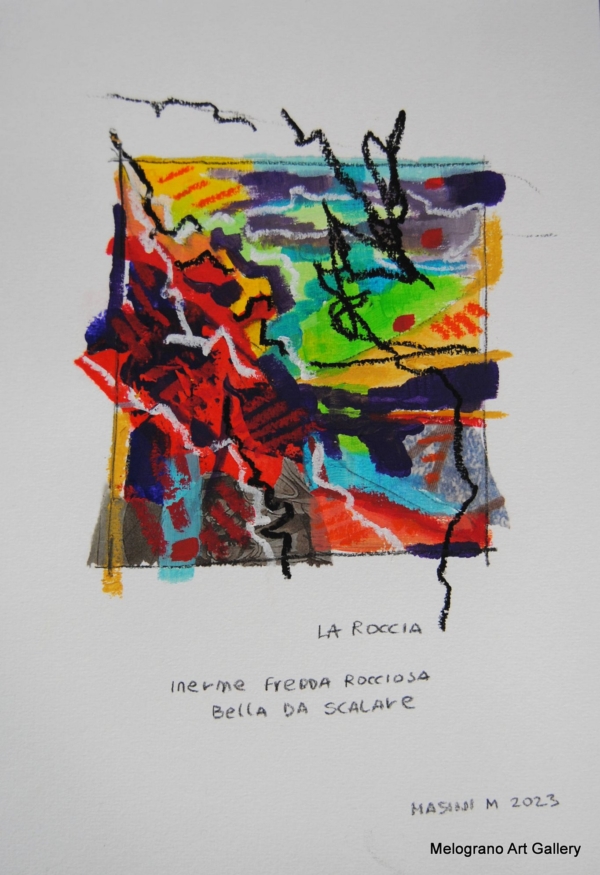 Tratto e colore. Serie su carta di Michela Masini: pennellate vivaci e poesie concise si intrecciano in piccole storie poetiche ed evocative.