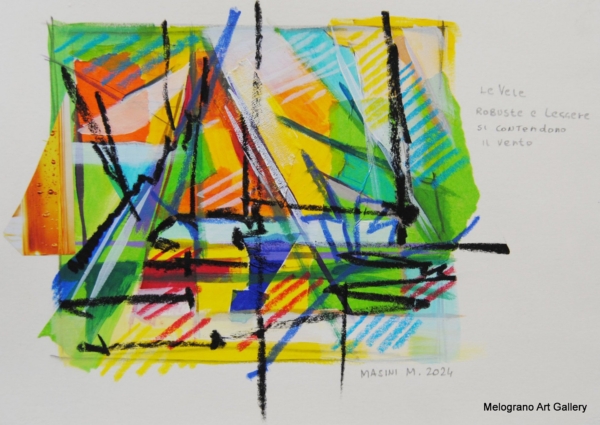 Tratto e colore. Serie su carta di Michela Masini: pennellate vivaci e poesie concise si intrecciano in piccole storie poetiche ed evocative.