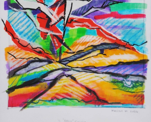 Michela Masini – Parco eolico, opera su carta con strisce colorate in movimento