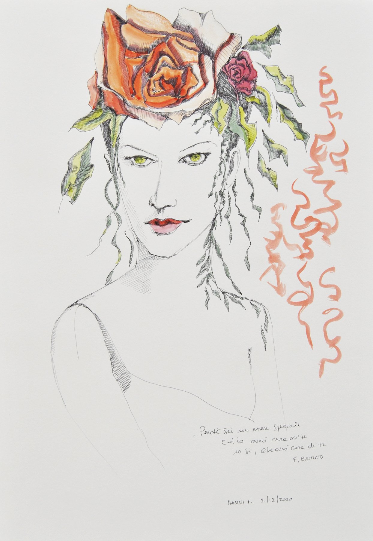 Michela Masini – Aforisma su carta con volto femminile e simboli poetici