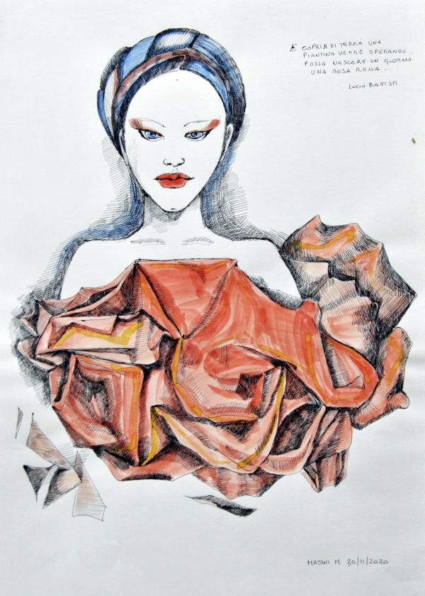 Michela Masini – Aforisma su carta con volto femminile e simboli poetici