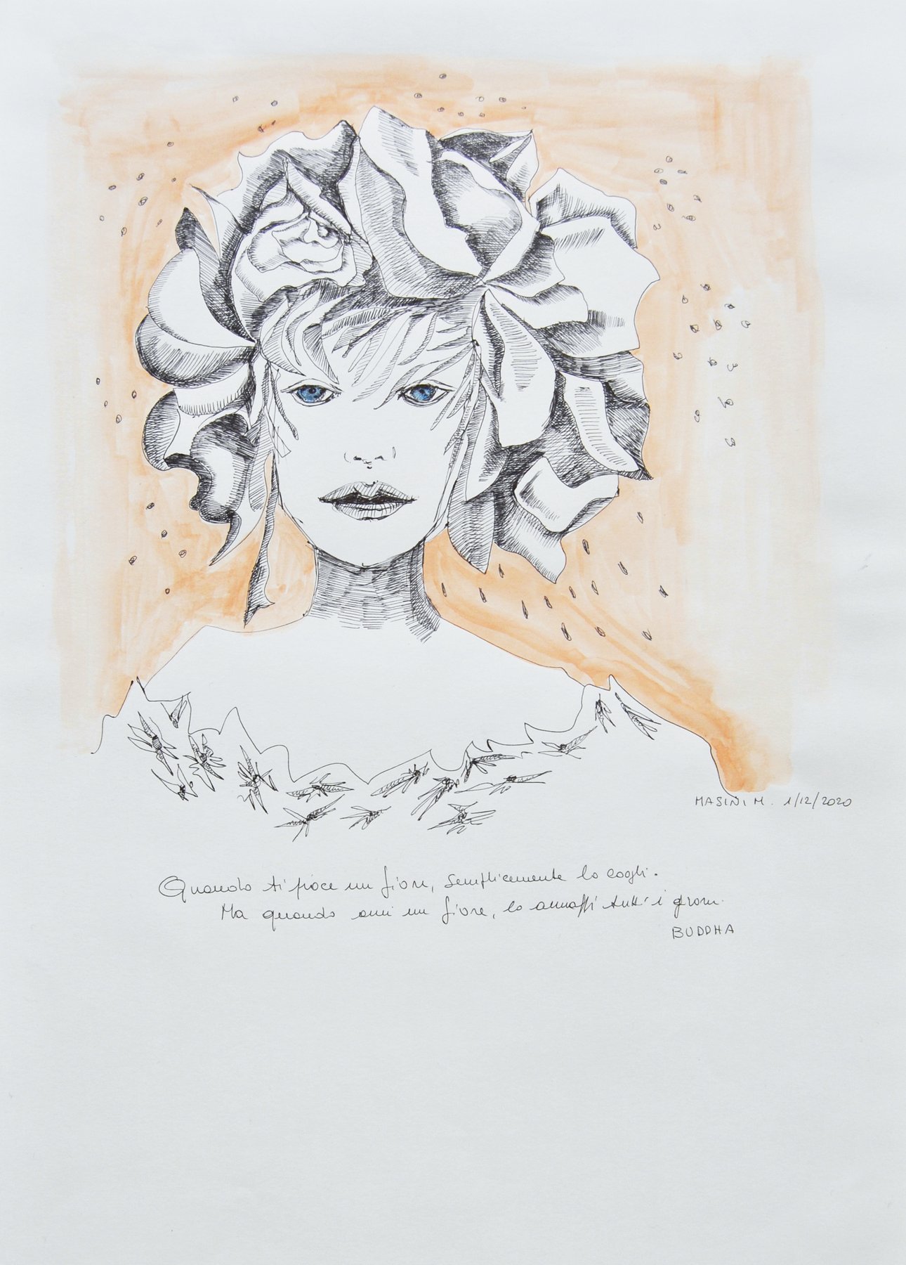 Michela Masini – Aforisma su carta con volto femminile e simboli poetici