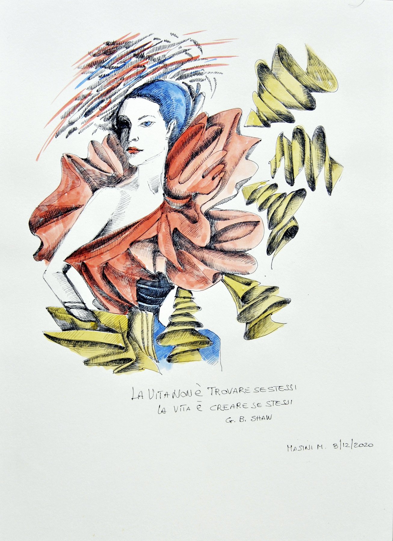 Michela Masini – Aforisma su carta con volto femminile e simboli poetici