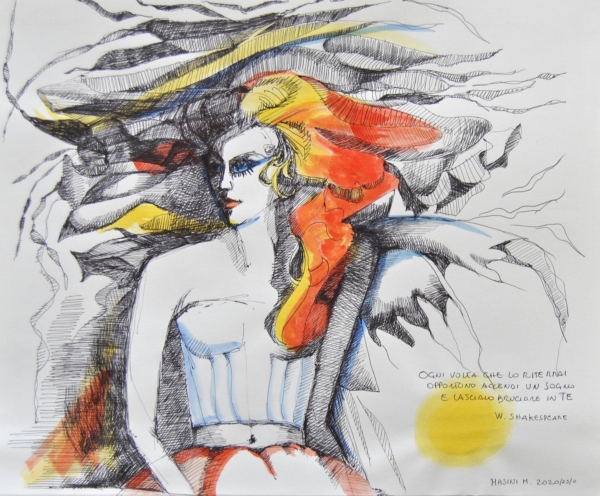 Michela Masini – Aforisma su carta con volto femminile e simboli poetici