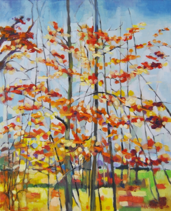 Michela Masini – Bosco con fronde rosse contro il cielo