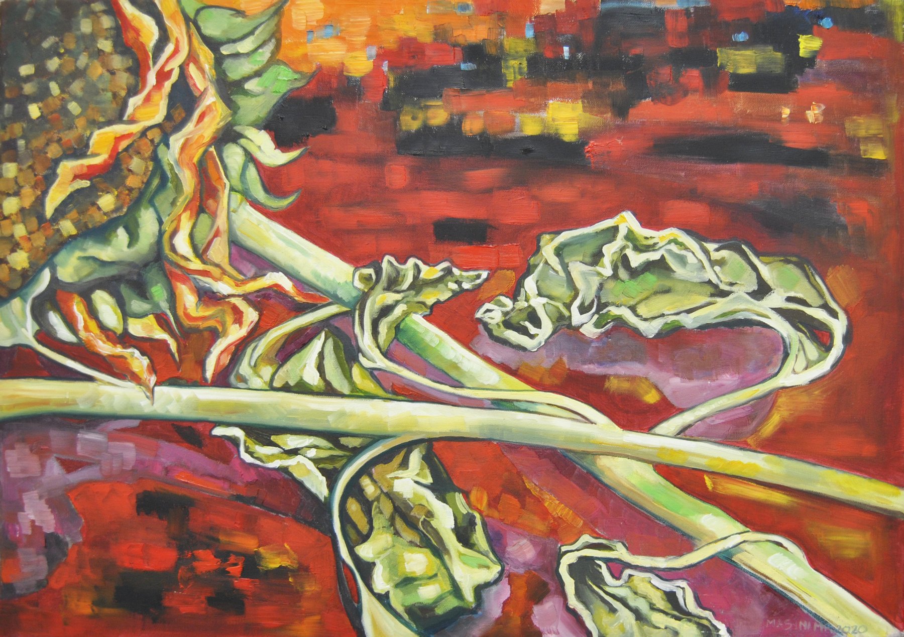 Michela Masini – Dettaglio di girasole su fondo rosso