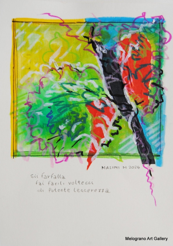 Tratto e colore. Serie su carta di Michela Masini: pennellate vivaci e poesie concise si intrecciano in piccole storie poetiche ed evocative.
