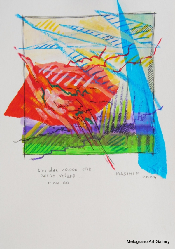 Tratto e colore. Serie su carta di Michela Masini: pennellate vivaci e poesie concise si intrecciano in piccole storie poetiche ed evocative.