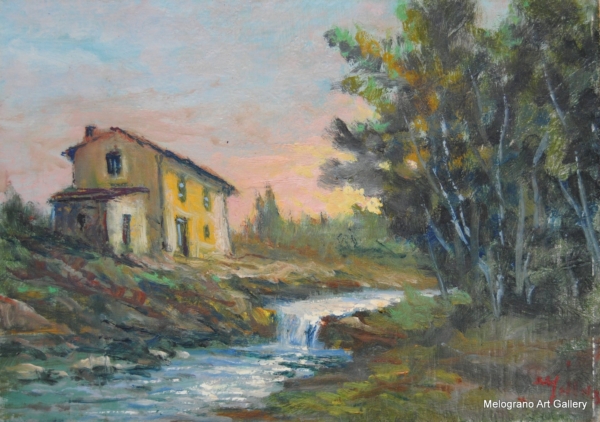 Quadro del pittore livornese Millus. Un fiume tra gli alberi conduce lo sguardo verso un casolare immerso nella quiete toscana.