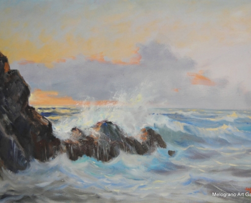 Onde al tramonto con riflessi rosati sul mare toscano, dipinto di Millus