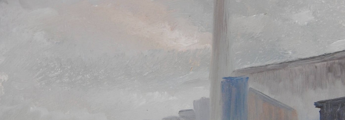 Porto nella nebbia dipinto da Moreno Morelli, pittura simbolista ed espressionista in toni di grigio