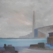 Porto nella nebbia dipinto da Moreno Morelli, pittura simbolista ed espressionista in toni di grigio