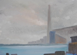 Porto nella nebbia dipinto da Moreno Morelli, pittura simbolista ed espressionista in toni di grigio